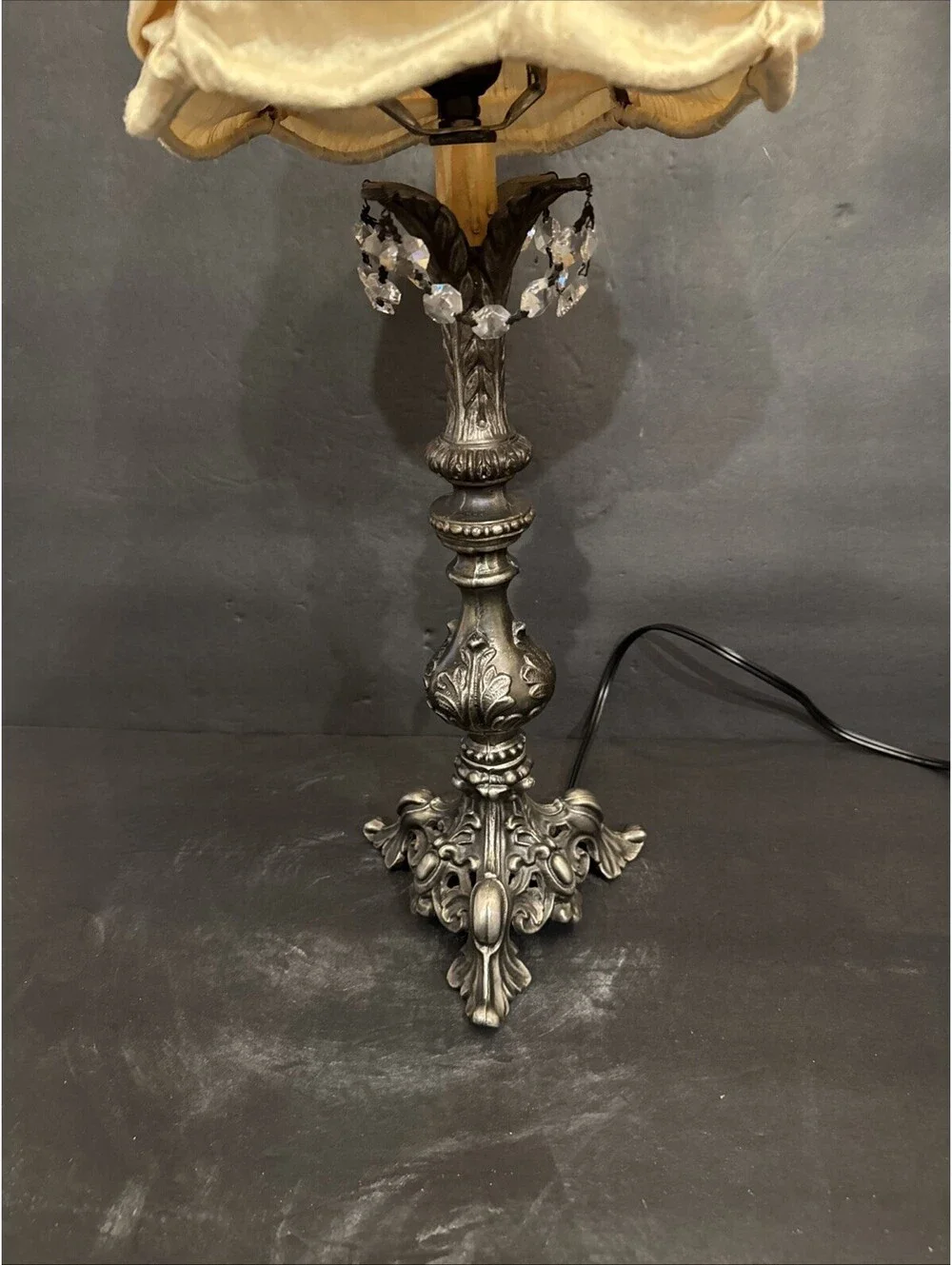 Vintage Silk Tufted Shade Ornate Brass Base With Crystals 26” To Shade Gorgeous